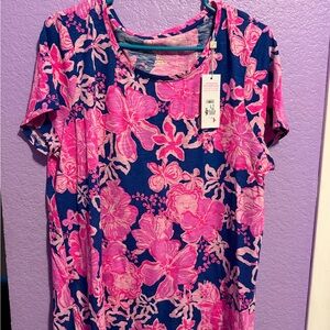Lilly Pulitzer Vibrant Pink and Blue Floral Short Sleeve Top